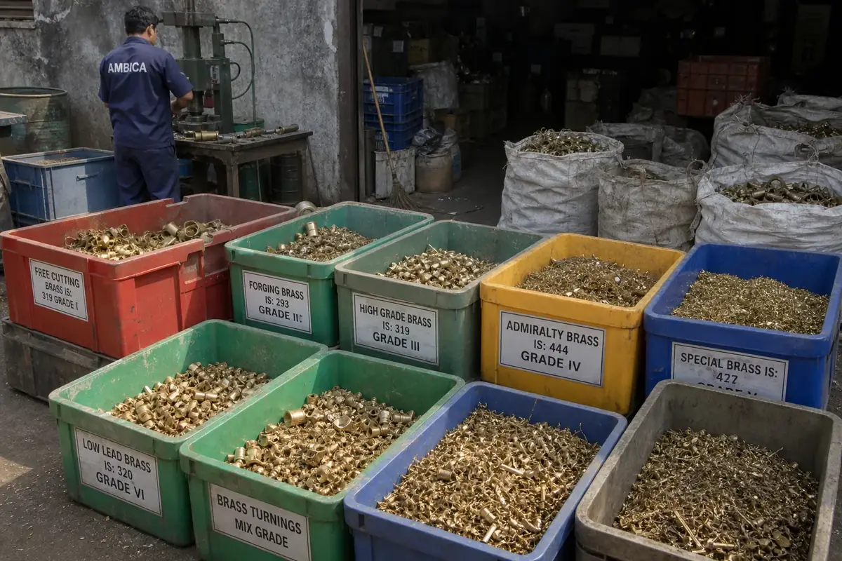 Colour-coded bins sorting brass solids and chips by alloy family