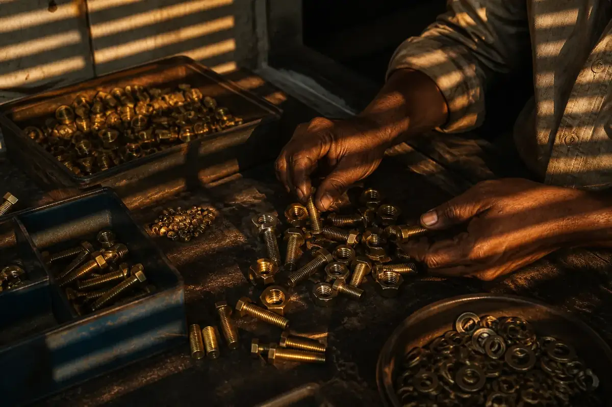 Counted brass nuts and bolts packed in labelled export cartons