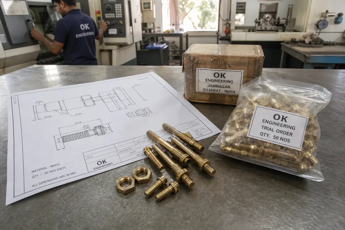 Engineering drawing next to prototype brass samples and packing for MOQ trial