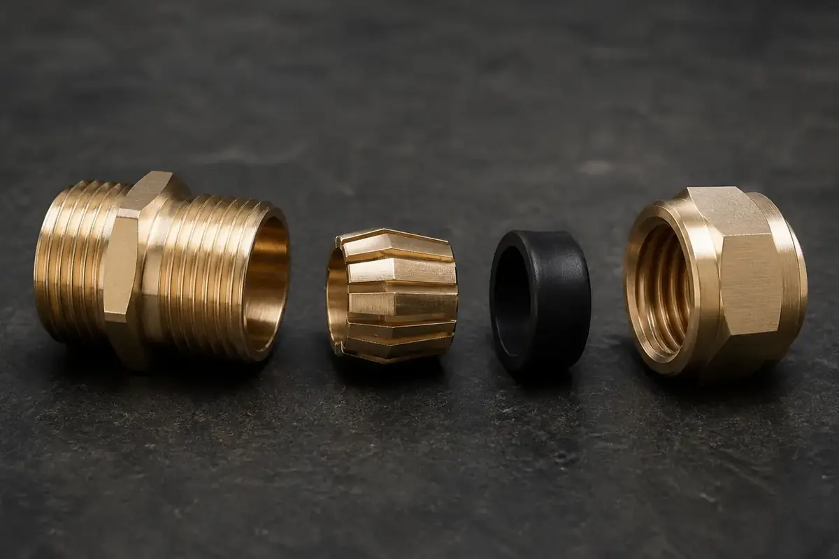 Exploded view of turned brass CW cable gland showing entry body, armor clamping cone, ring, and sealing nut