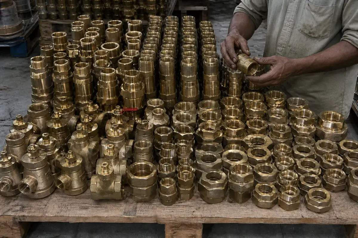 Forged brass fitting body being threaded on a machining cell