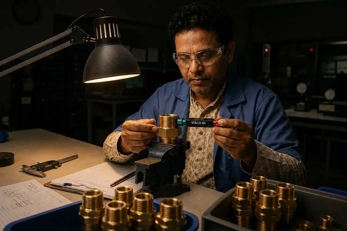 Go and no-go ring gauges checking external brass threads on turned parts