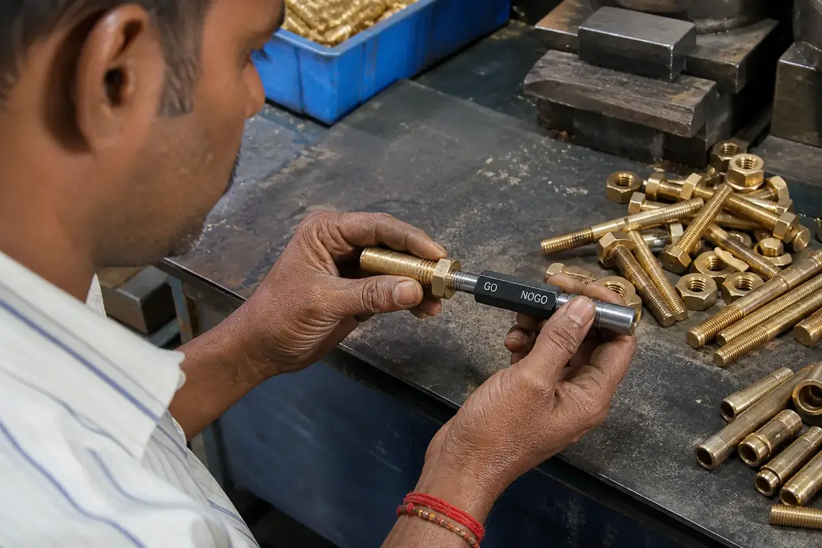 Go No-Go thread gauge check on brass bolts before packing
