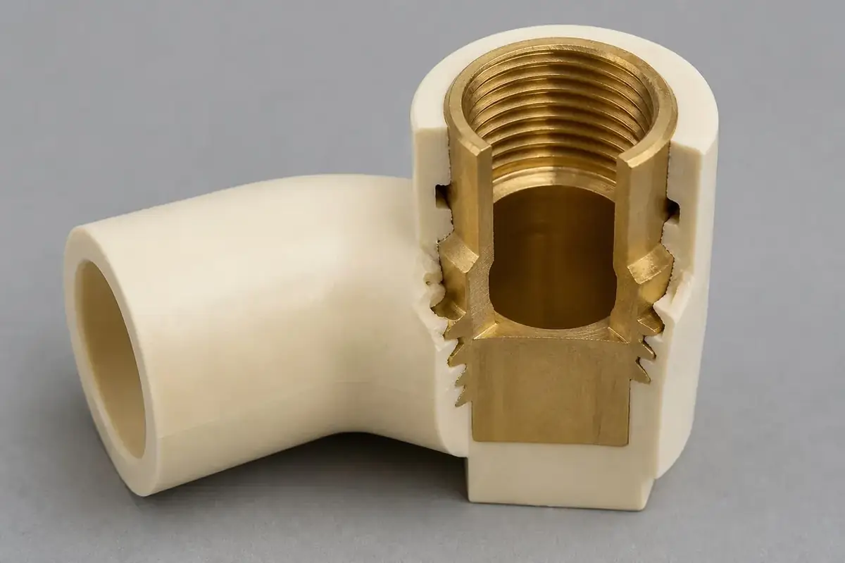 Heavy hexagonal turned brass male insert embedded inside a CPVC pipe elbow fitting