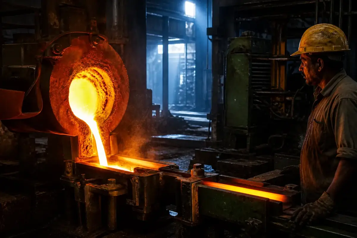 Hot brass extrusion producing round machining rods in a Jamnagar mill