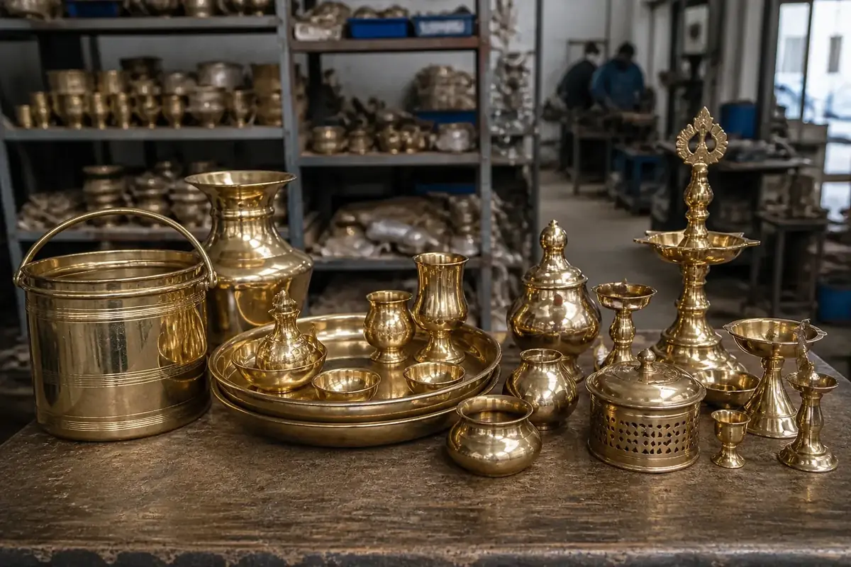 Household brassware and decorative brass items grouped as a product family