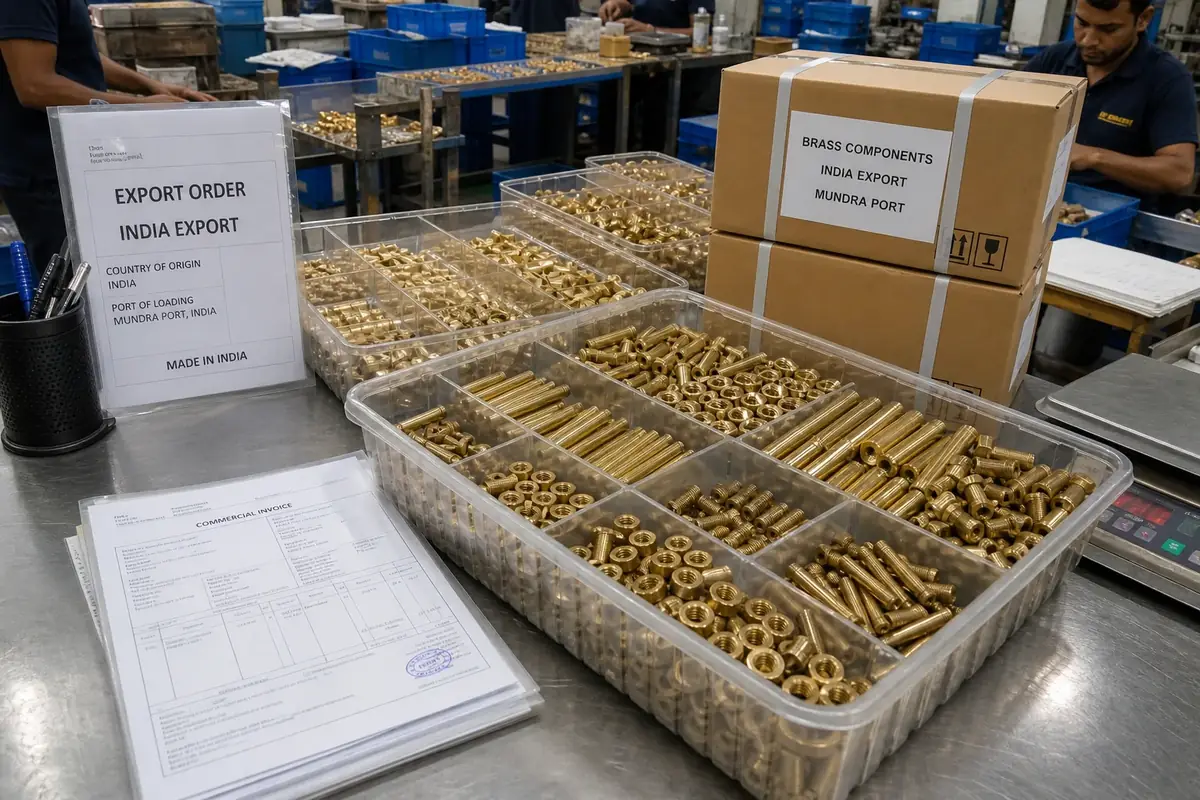 Export-packed brass components with shipping documents ready for India export