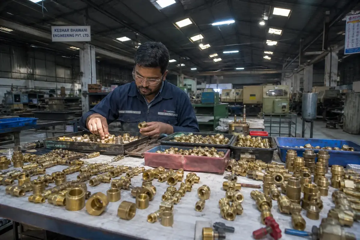 Industry-sorted brass components laid out beside RFQ drawings for buyer review