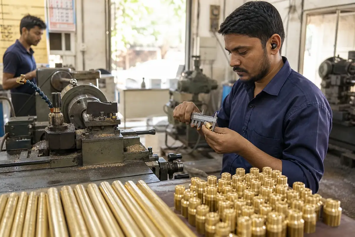 Jamnagar brass industry workshops with extruded rods and turned components