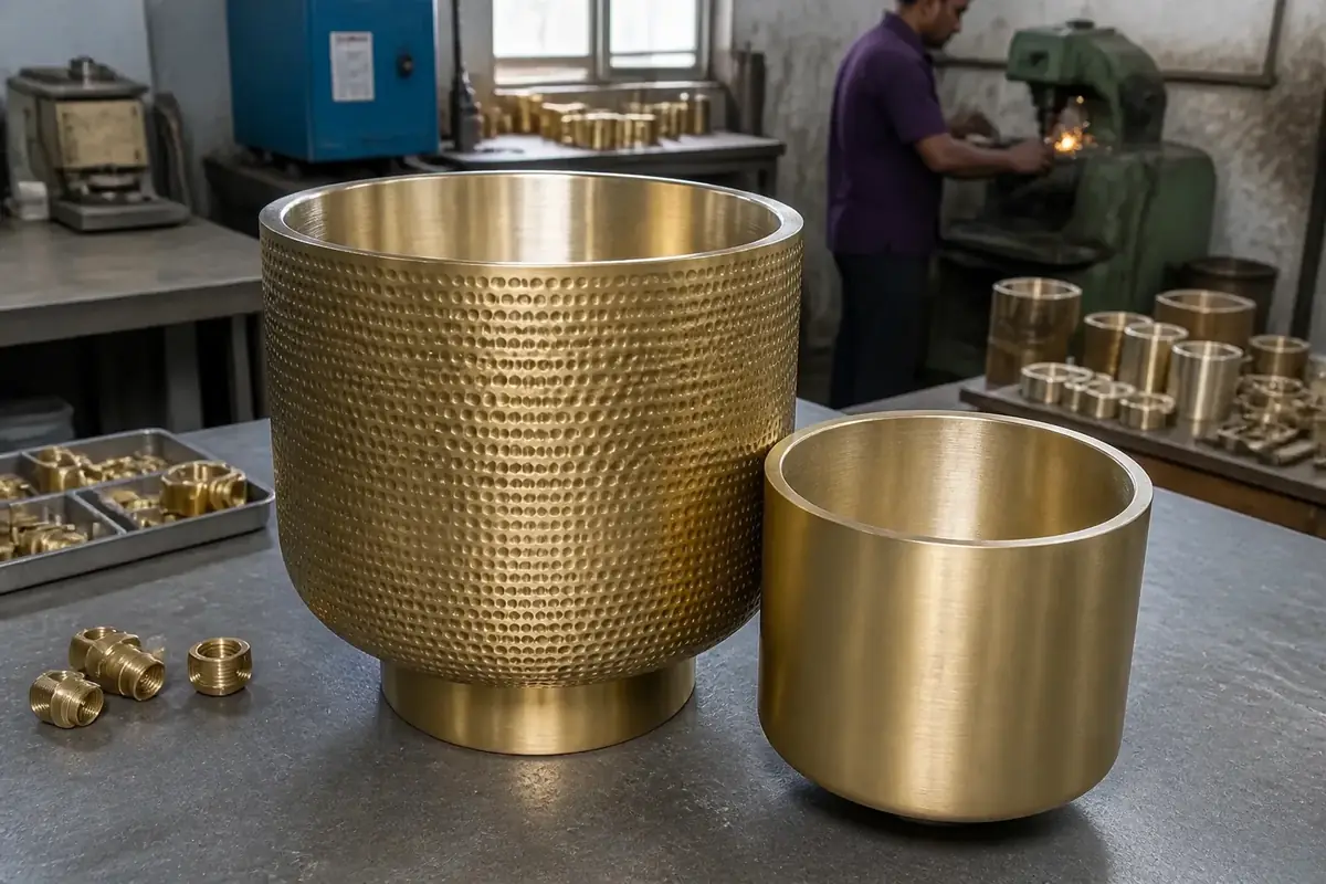 Large brass planter shown with a removable inner liner for plants