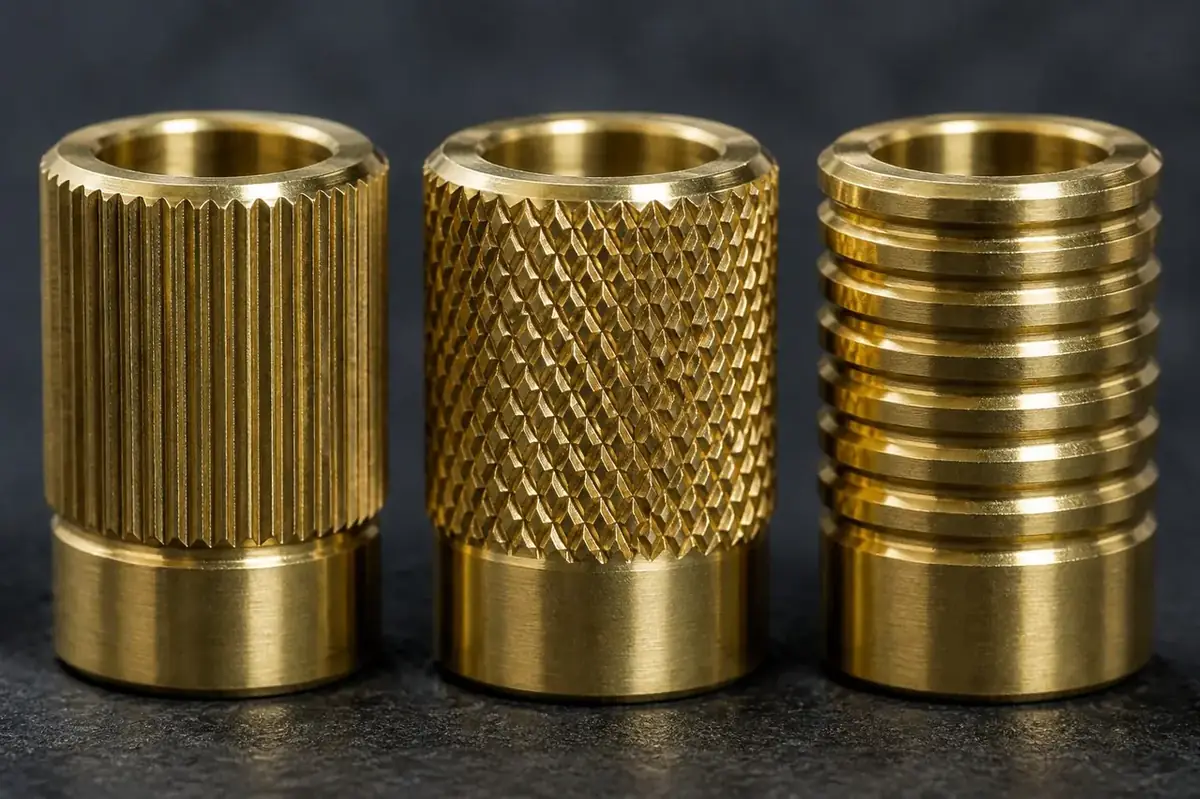 Macro comparison of turned brass inserts showing straight knurl, diamond knurl, and circumferential grooves