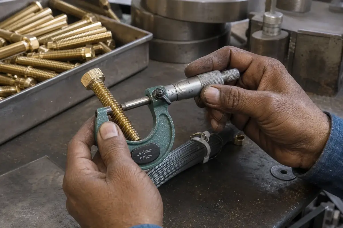 Micrometer and thread wires checking plated brass external threads