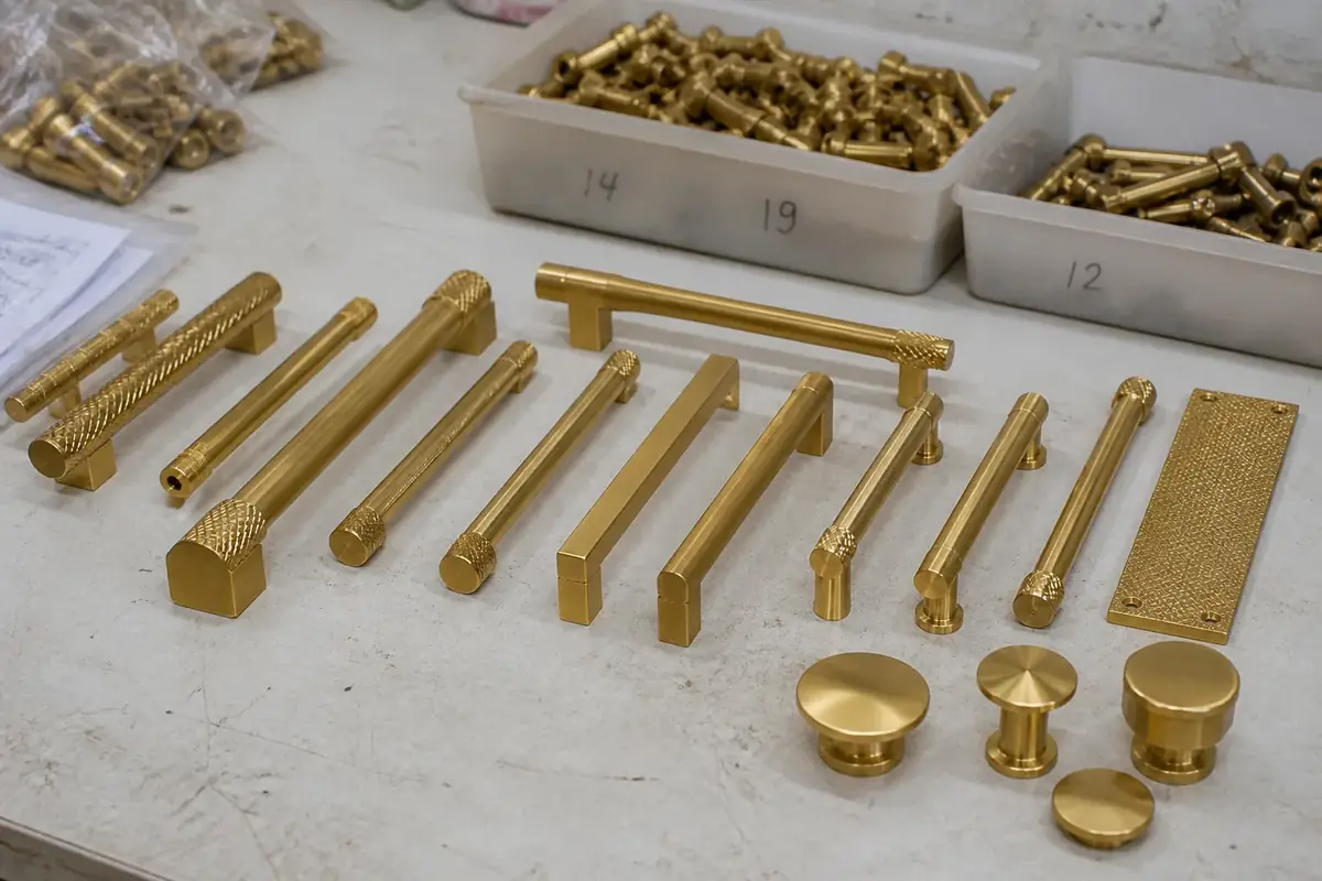 Modern brass cabinet pulls and door furniture set laid out for OEM inspection