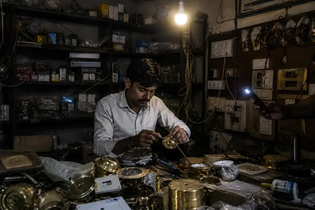 OEM brass lighting components—canopy, tubes, and turned bushings on a bench