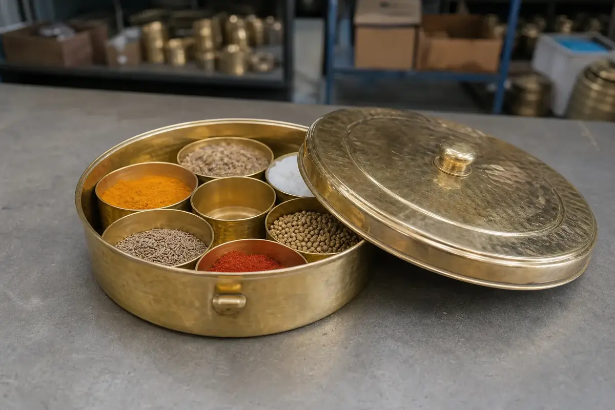 Open brass masala box showing spice inserts and lid fit