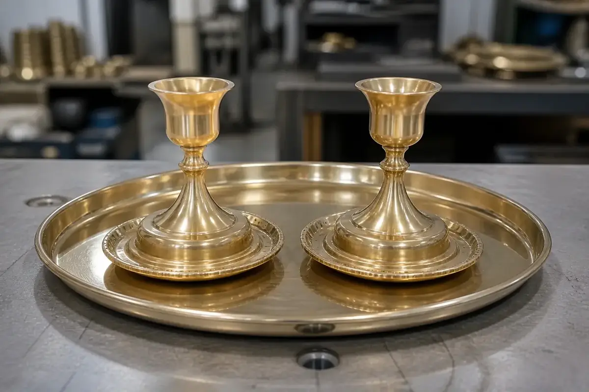 Pair of brass candle holders arranged on a brass tray with coasters