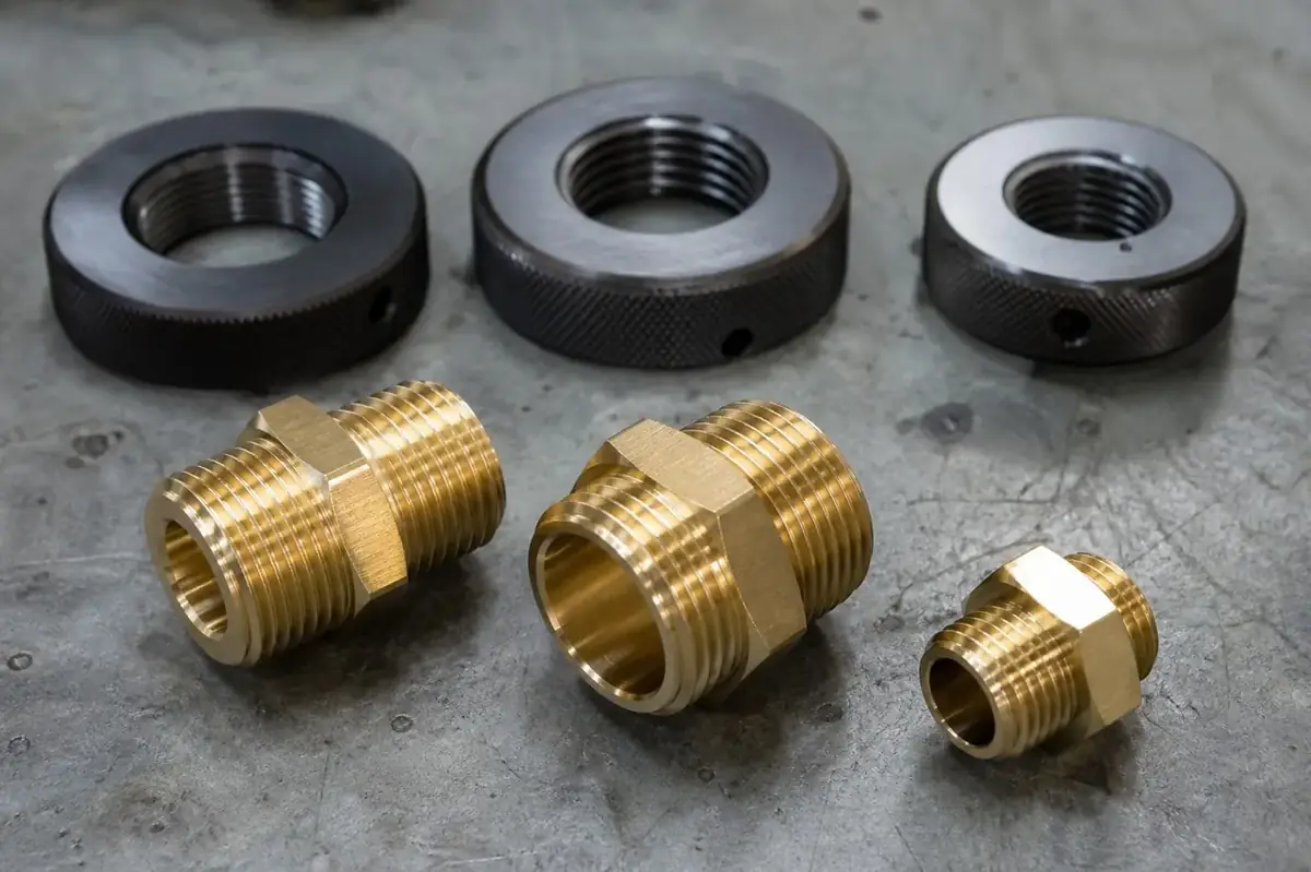Polished brass plates for engraving stacked with round brass discs and blanks