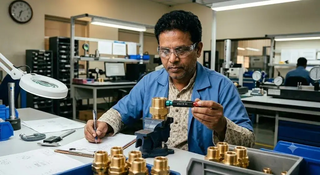 Quality control technician inspecting internal brass threads using Go No-Go plug gauge