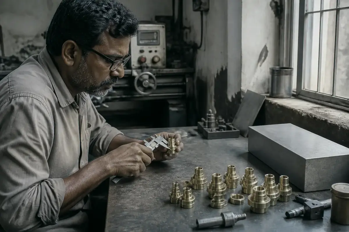 Side-by-side brass casting blank and extruded rod turned components from Jamnagar shops