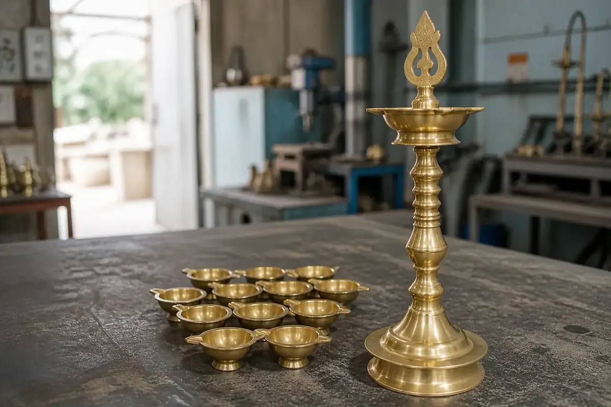 Small brass diyas beside a tall brass kuthu vilakku lamp