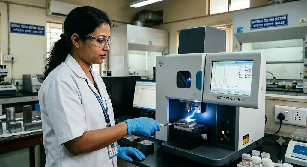 Spectro chemical analysis testing of brass alloy billet in laboratory