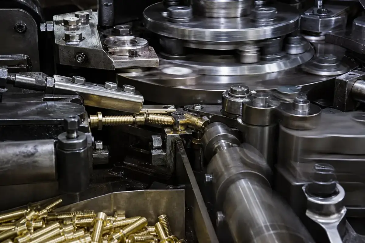 High speed cold heading and thread rolling machine forming brass machine screws in Jamnagar factory