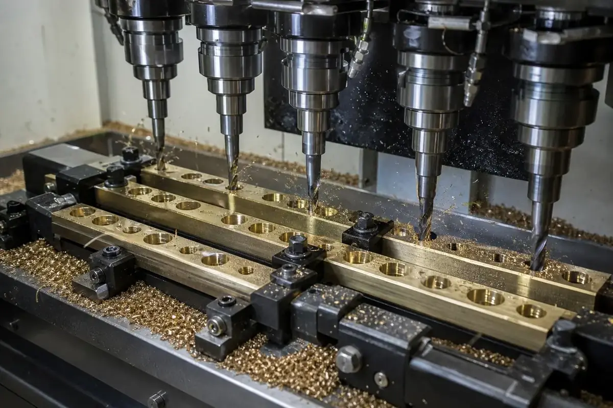 High speed multi-spindle drilling and tapping of brass neutral links in Jamnagar machine shop
