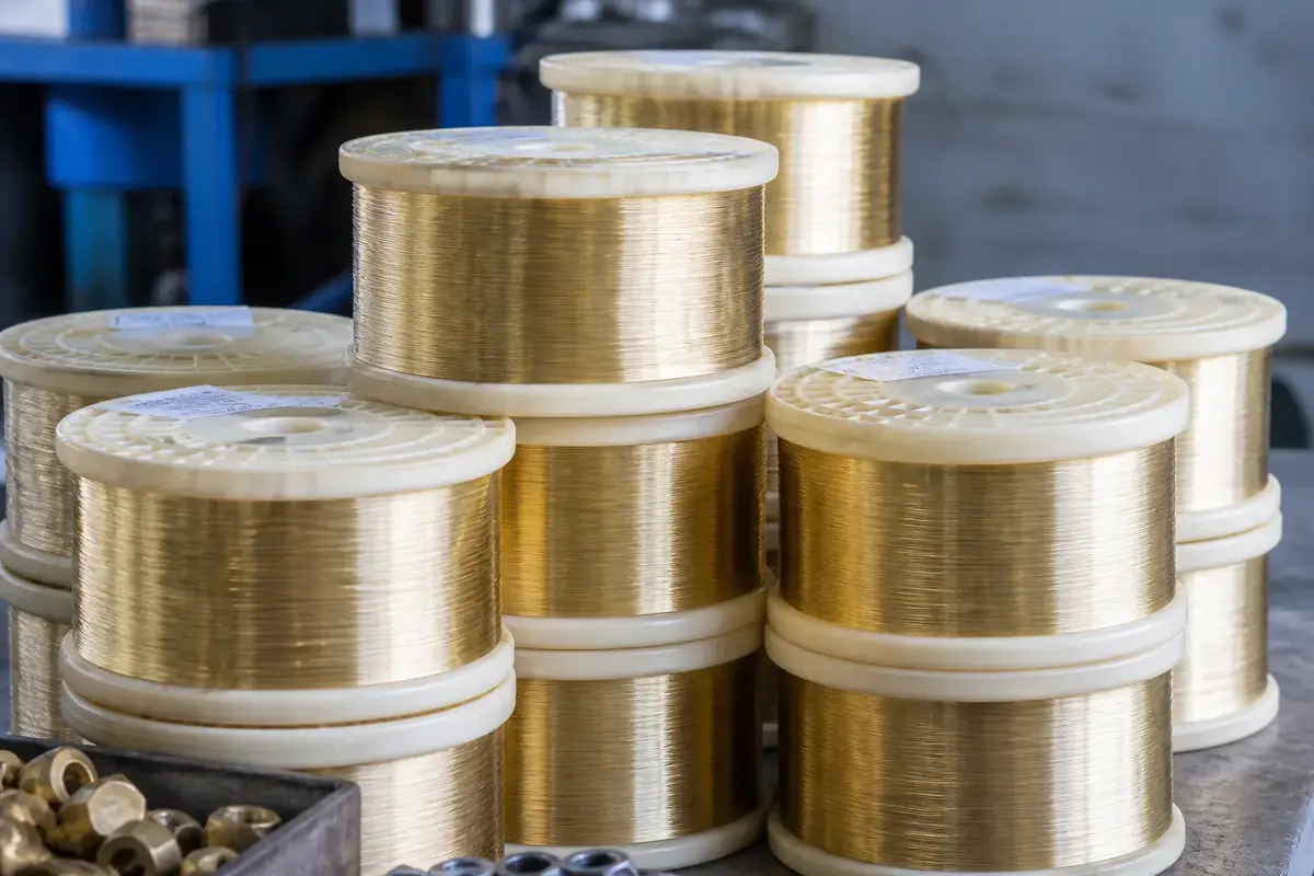 Precision spools of EDM brass wire prepared for machine feeding