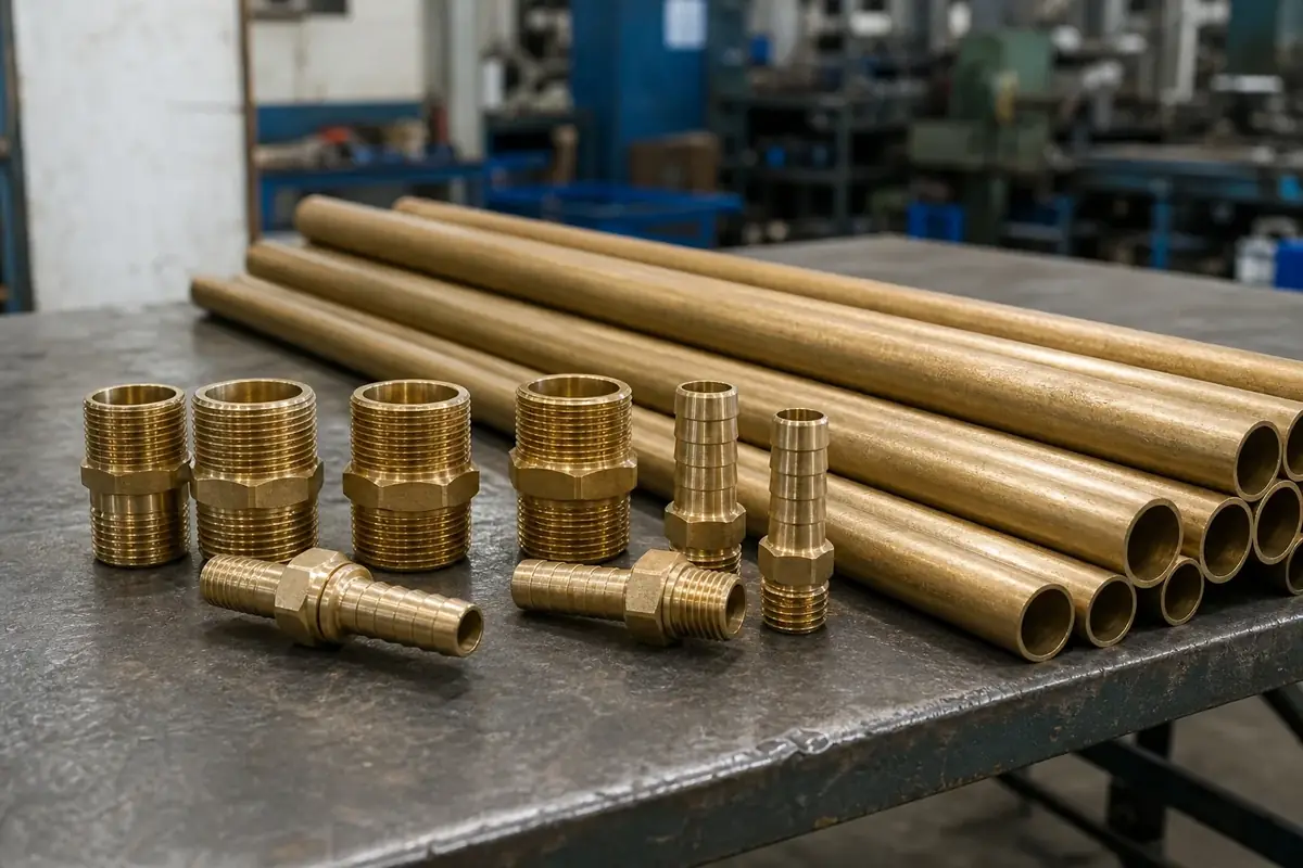 Straight brass pipe lengths beside machined nipples and hose barbs