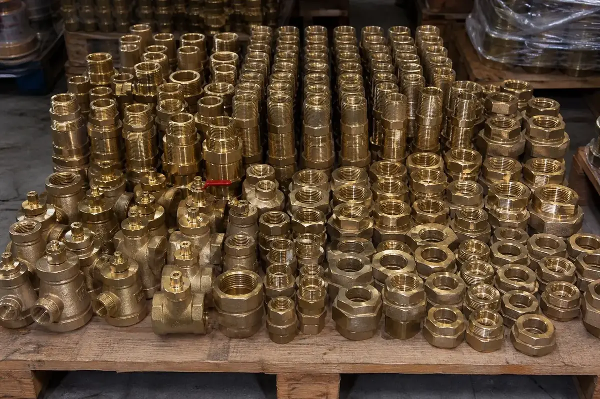 Technician checking brass fitting threads with gauges before pressure test