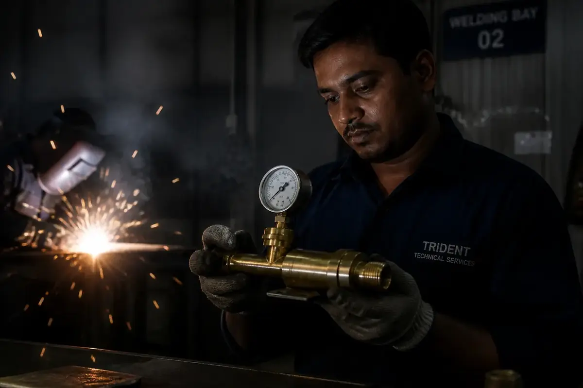 Technician inspecting a brass welded assembly beside gauges in a Jamnagar workshop