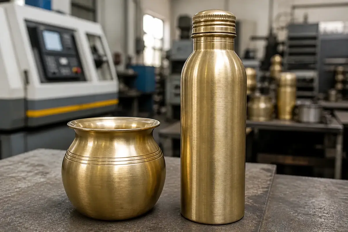 Traditional brass lota beside a capped brass water bottle