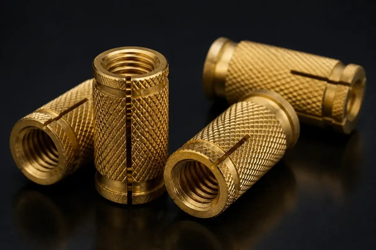 Collection of turned brass drop-in expansion anchors showing internal thread and diamond knurled body