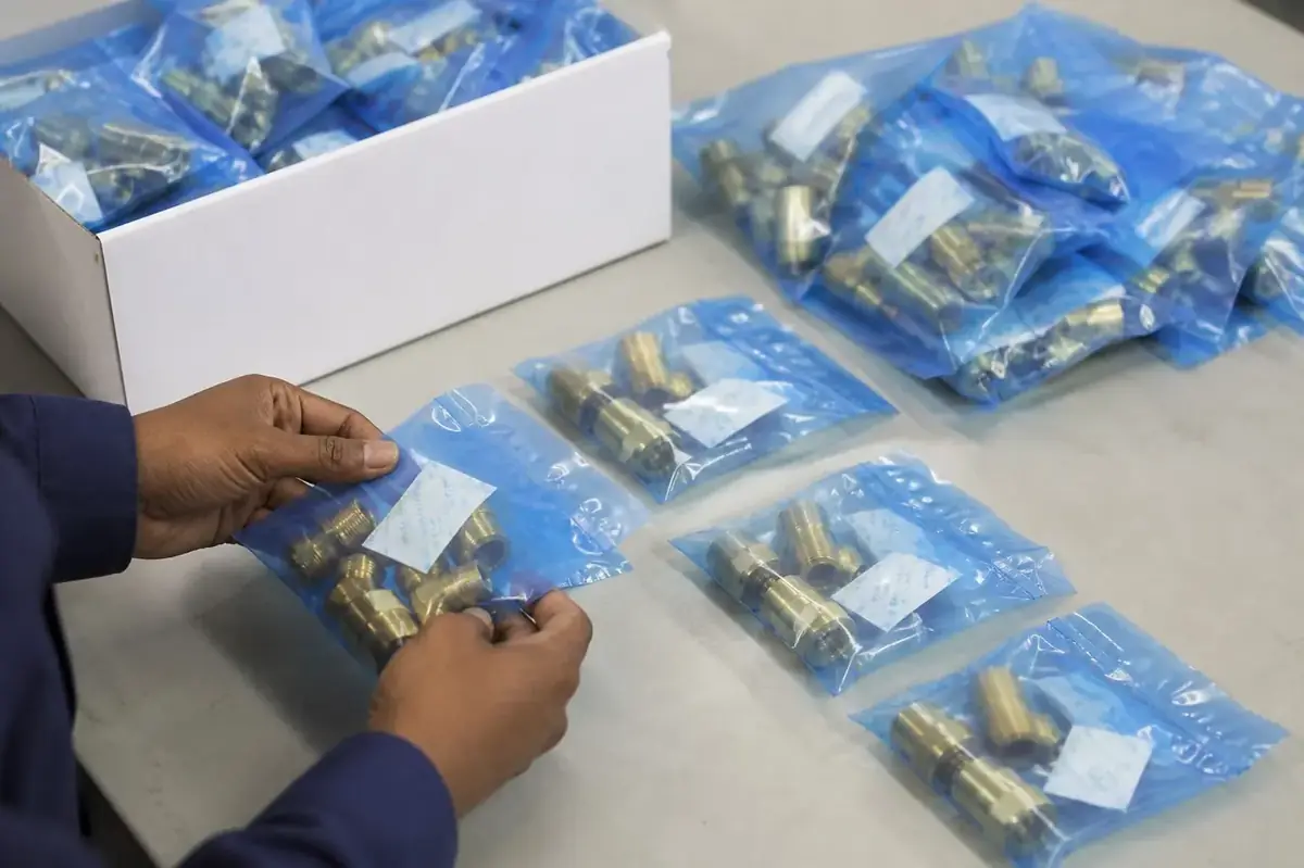 Precision turned brass inserts sealed inside blue VCI anti-corrosion polybag with silica gel desiccant