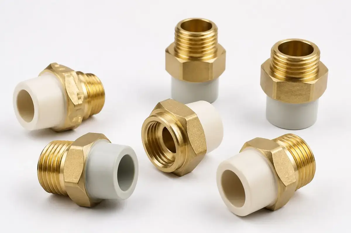 Collection of turned brass male and female transition inserts for CPVC and PPR pipe fittings